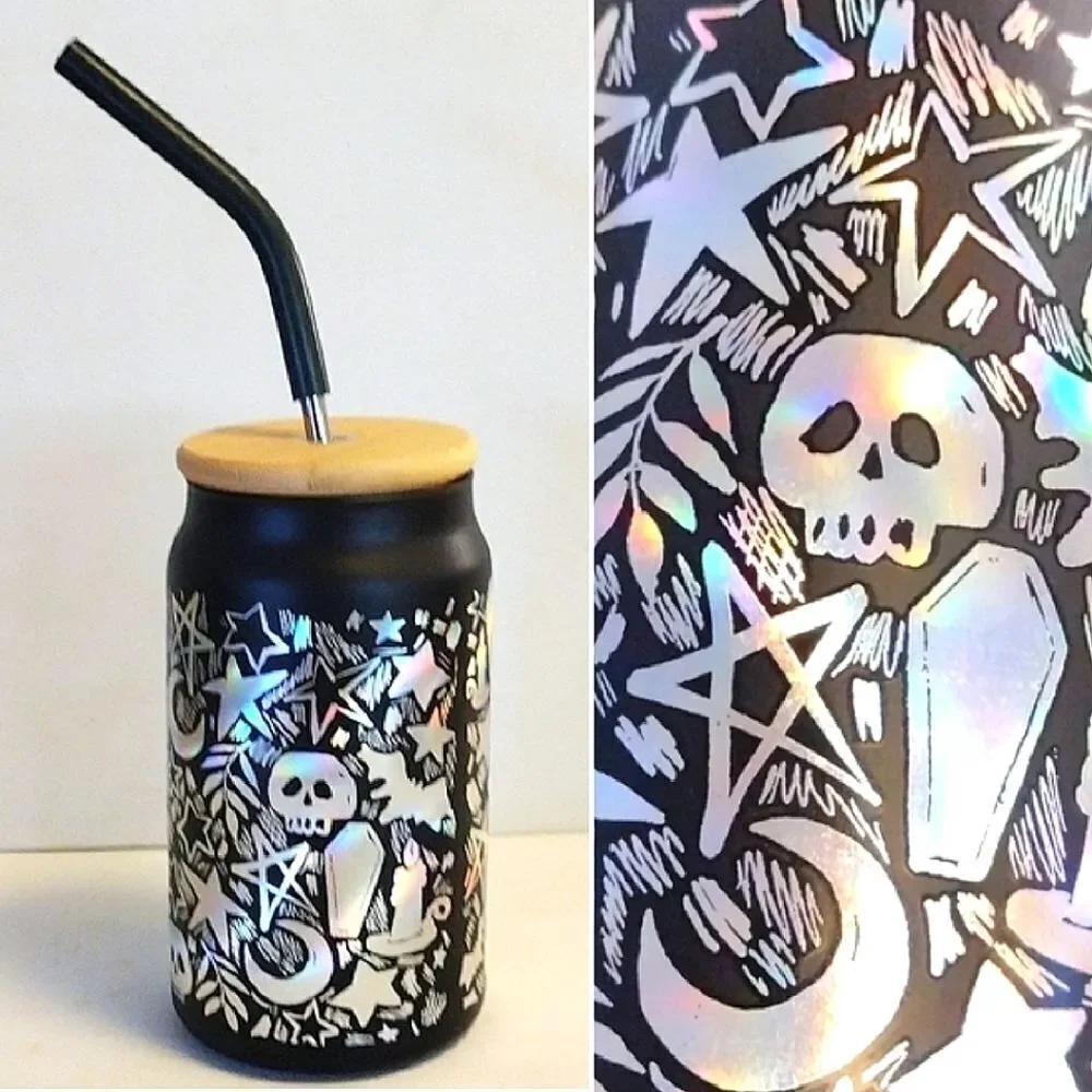 Halloween Black Iridescent‎ Skulls Printed Glass Coffee Cup with Straw NWT